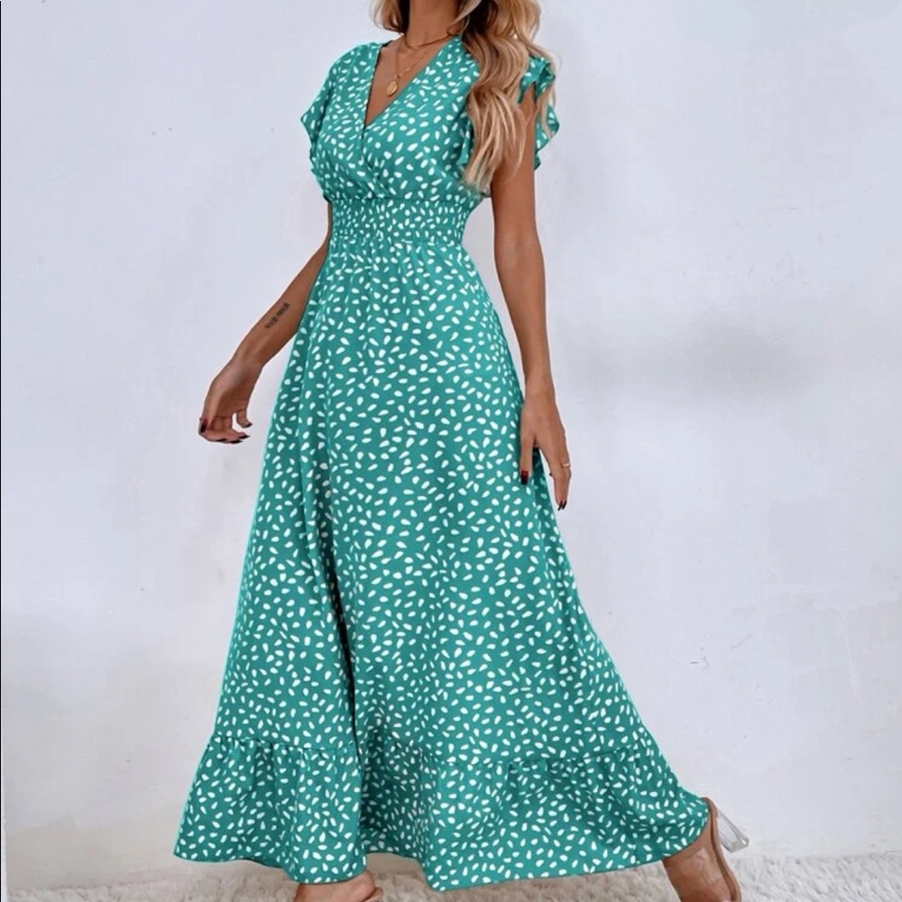 Dots ruffle trim shirred waist maxi dress mint blue - Picture 4 of 16